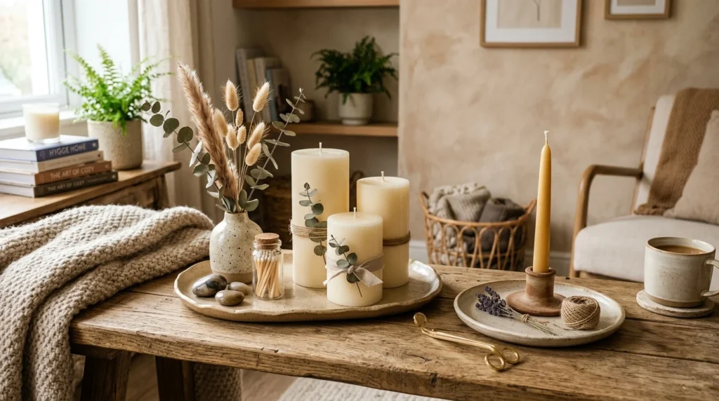 Neutral candle decor arrangement with cozy aesthetic styling