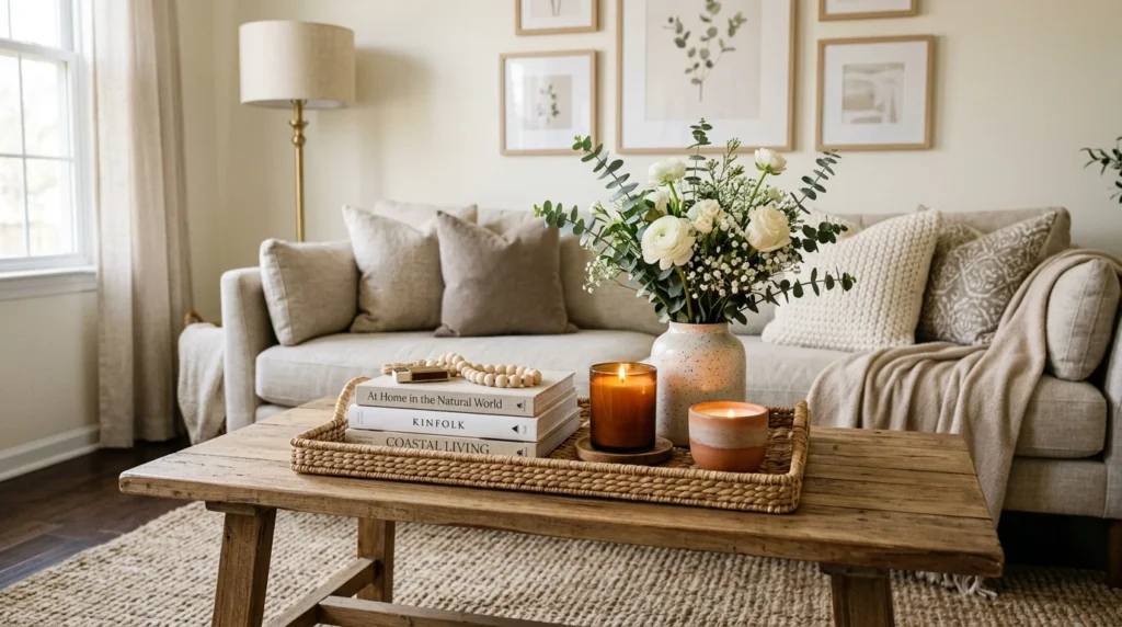 Coffee table styling with candles, books, flowers, and modern decor