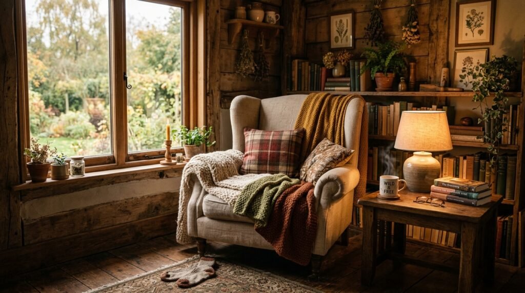 Cozy earthy cottage reading nook with warm lighting and soft blankets