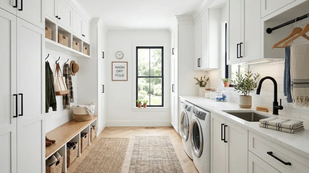corner mudroom laundry combo compact layout smart storage modern design