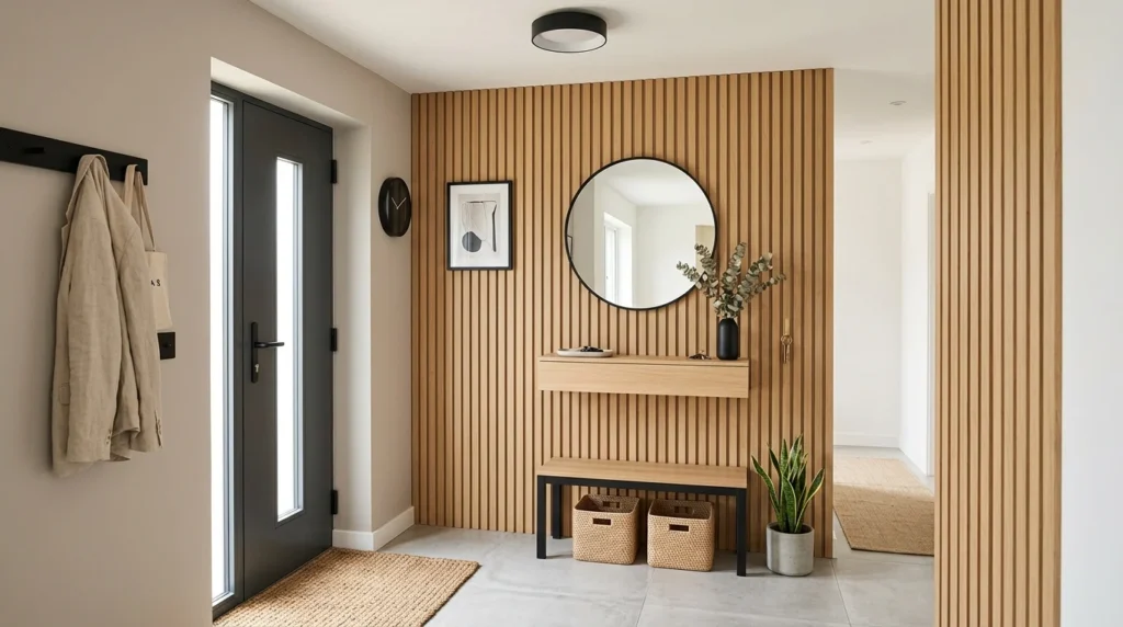 Modern entryway with vertical wall paneling and neutral decor