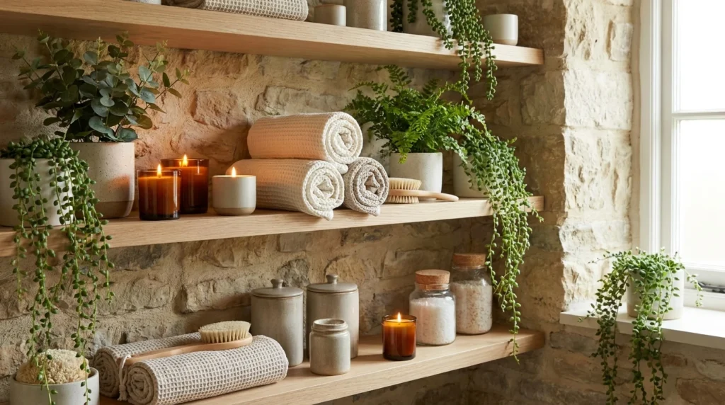 Aesthetic bathroom shelves with candles, towels, and greenery