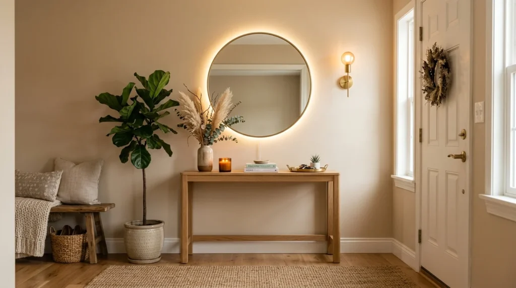 Neutral beige entryway with circular LED mirror and warm lighting