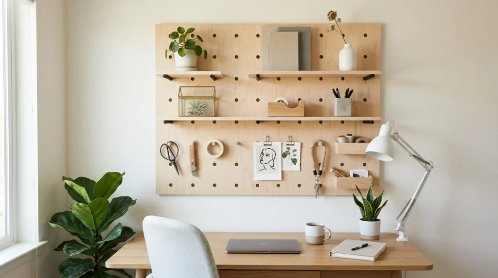 Modern pegboard wall organizer with shelves and aesthetic workspace decor