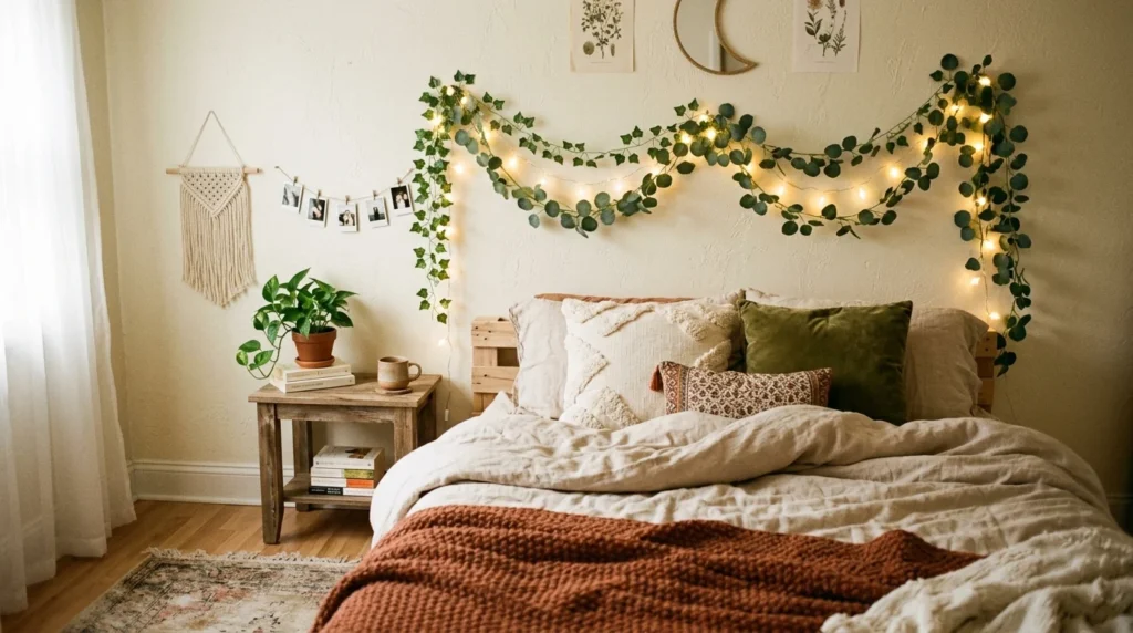 DIY wall vine decor with fairy lights and cozy aesthetic bedroom setup