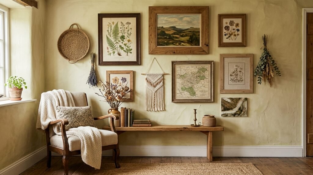 Earthy cottage wall decor with wooden frames and woven accents