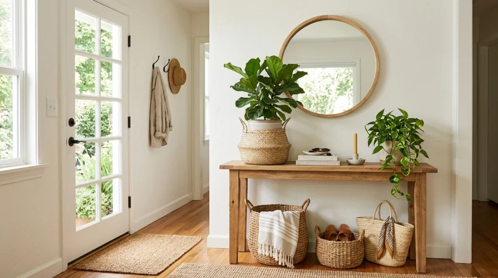 Small entryway styled with greenery and woven baskets