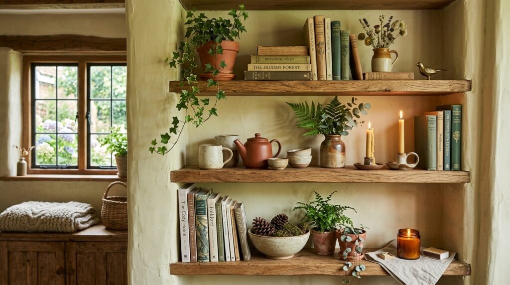 Earthy cottage shelves with ceramics, greenery, and cozy layered decor