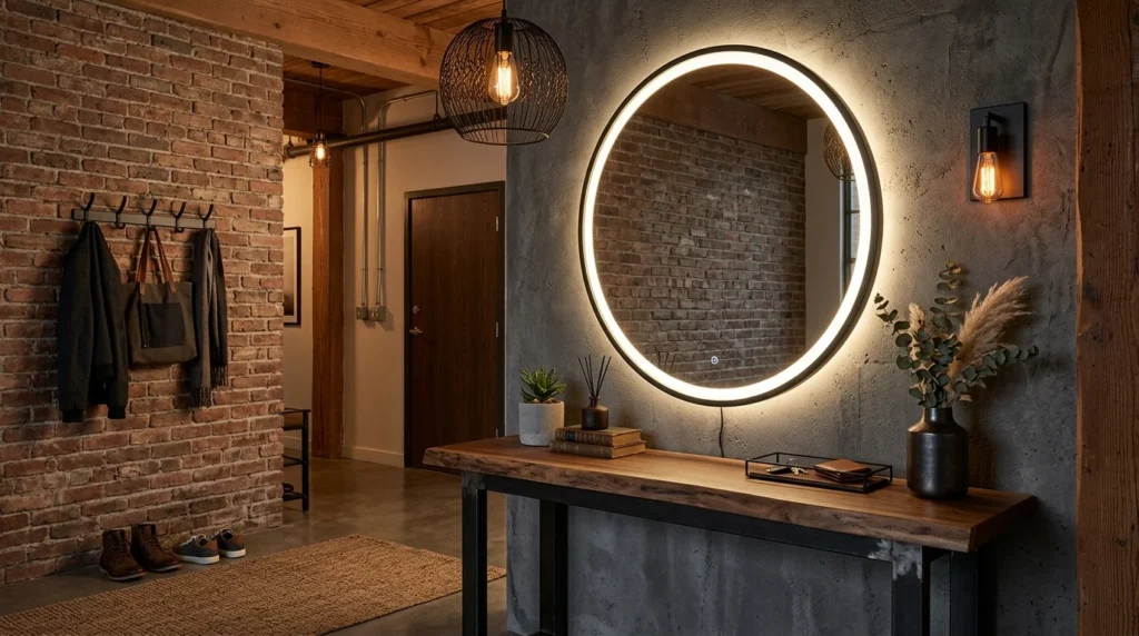 Industrial-style entryway with circular LED mirror and black metal decor