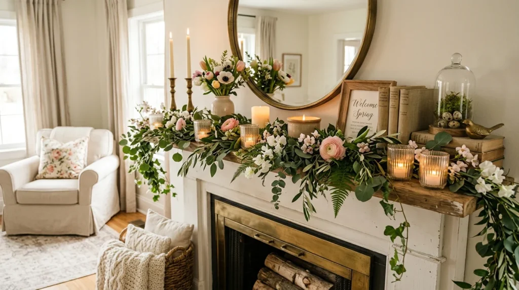 chic spring mantel decor greenery candles floral cozy aesthetic
