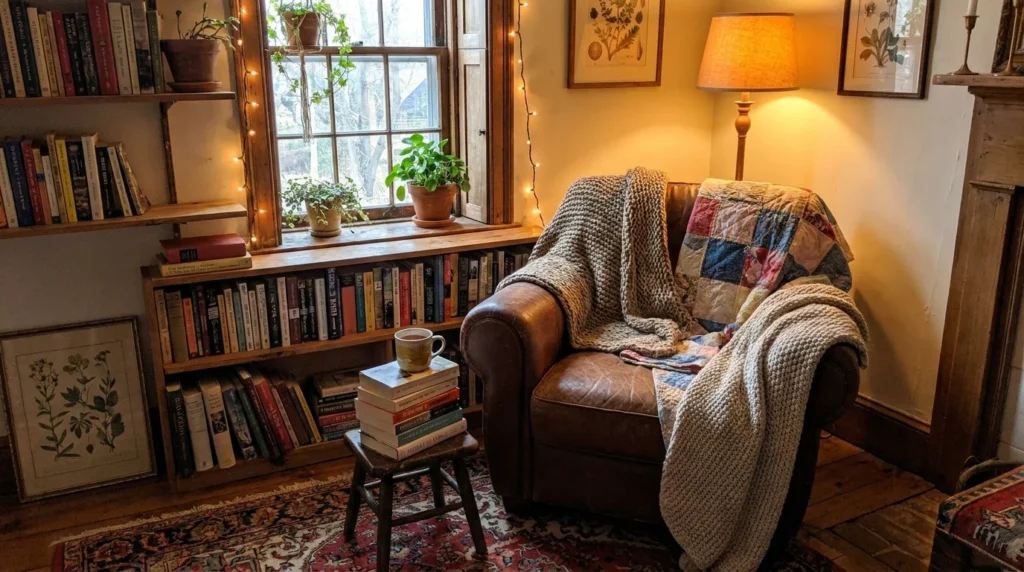 Cozy reading nook with armchair, blankets, and warm lighting