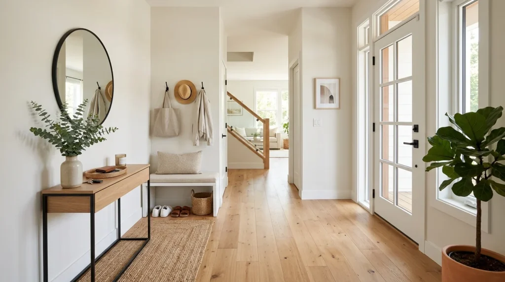 Bright small entryway with continuous wood flooring and modern styling