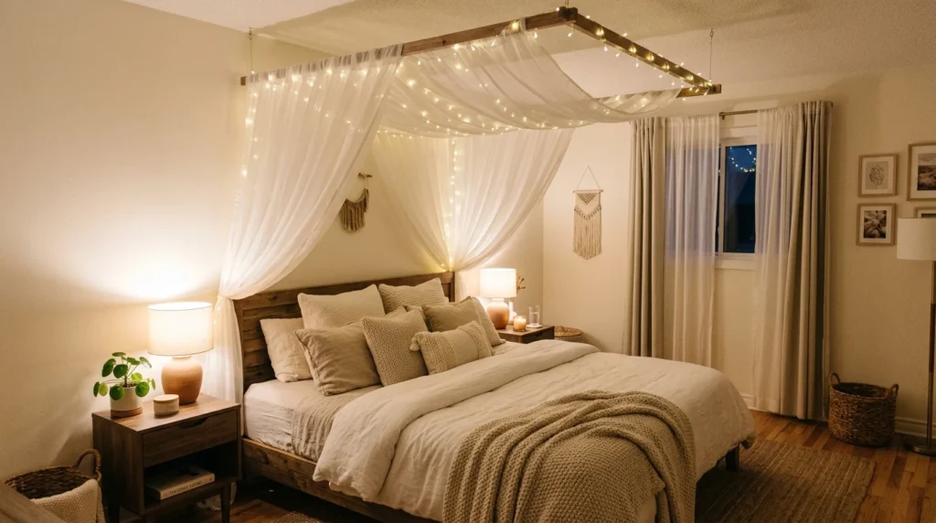 DIY bed canopy with sheer curtains and cozy fairy lights