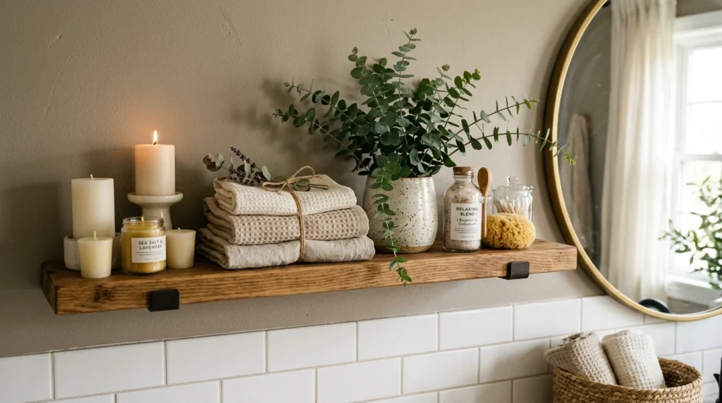 Bathroom shelf decor with candles, towels, greenery, and spa-inspired styling