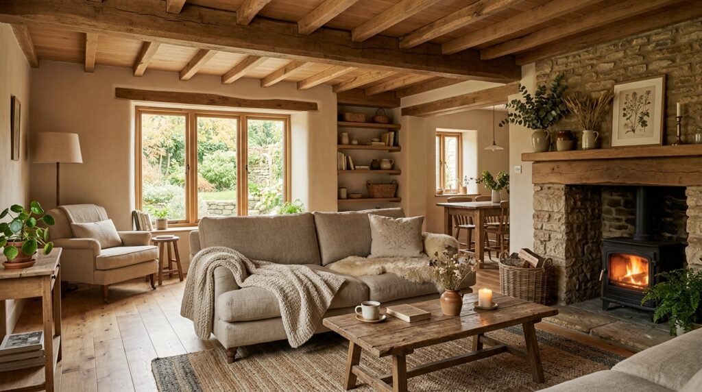 Soft beige cottage interior with neutral furniture and cozy earthy decor