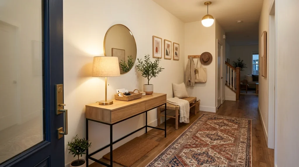Small entryway with decorative runner rug and cozy decor