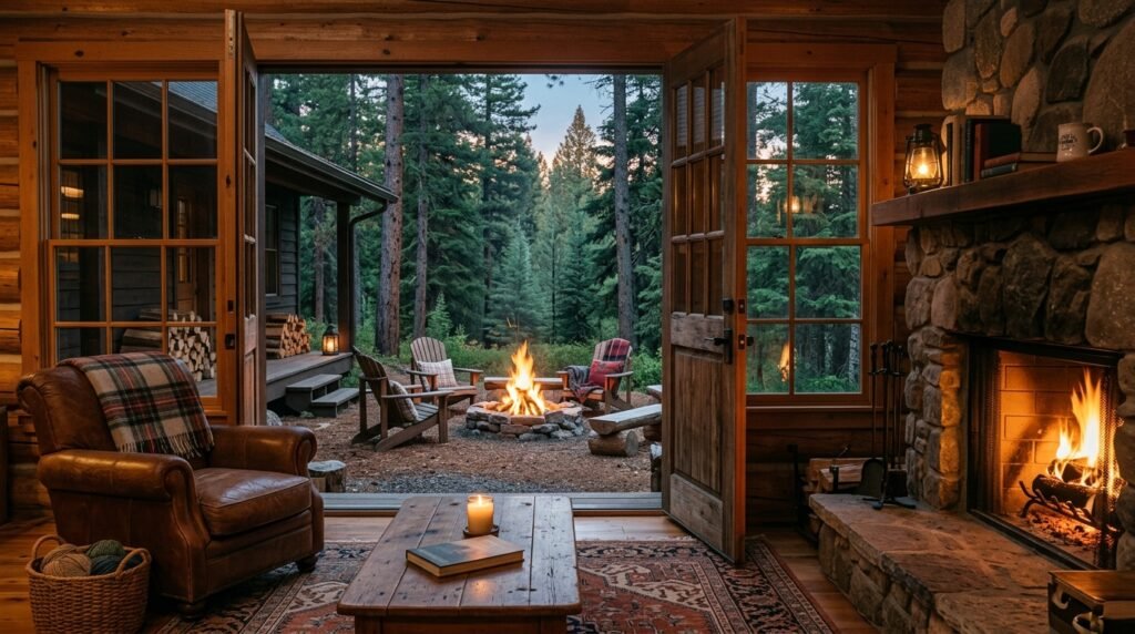 Snow-covered winter cabin with glowing lights and mountain scenery