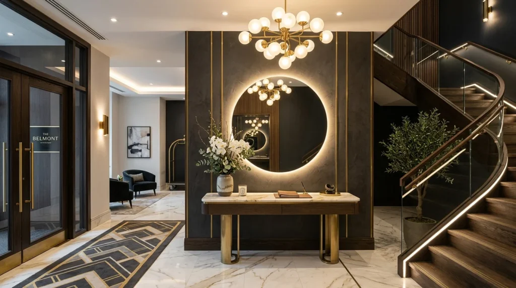 Luxury hotel-inspired entryway with circular LED mirror and marble console