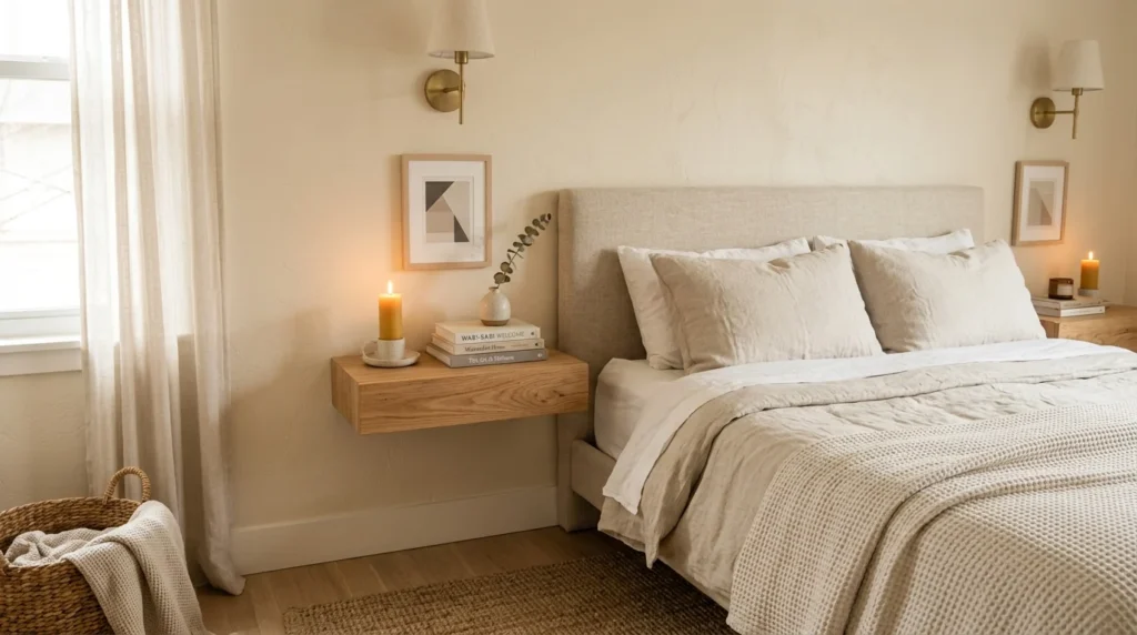 Minimal floating nightstands with candles and neutral bedroom styling