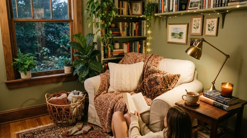 Cozy reading nook with armchair, blankets, plants, and warm lighting