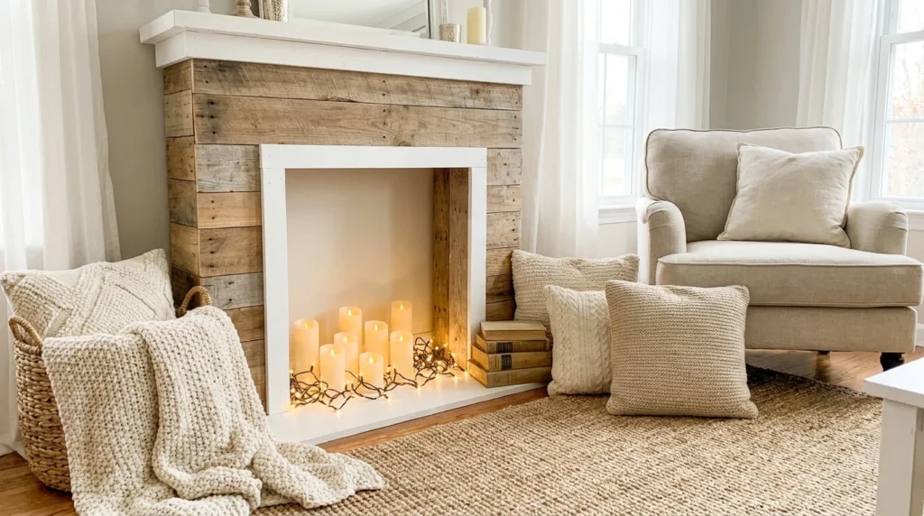 DIY faux fireplace with candles and cozy neutral living room decor