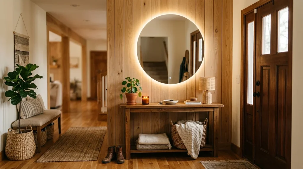 Warm wooden entryway with circular LED mirror and cozy decor