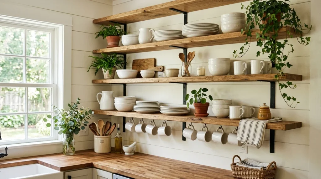 DIY kitchen open shelving with white dishes and farmhouse decor