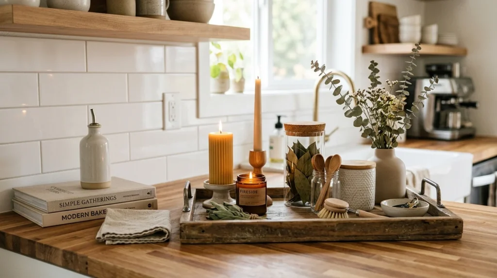 Kitchen counter styling with wooden trays, candles, jars, and neutral decor