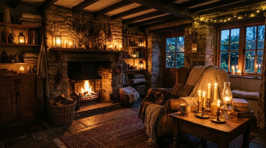 Earthy cottage interior with warm lighting, candles, and cozy atmosphere