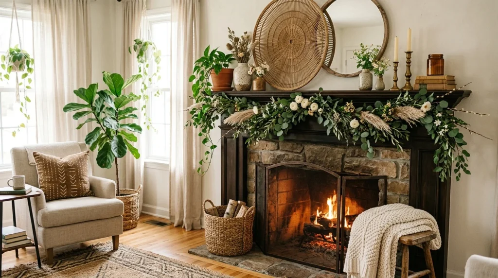 boho spring mantel decor earthy textures greenery cozy living room