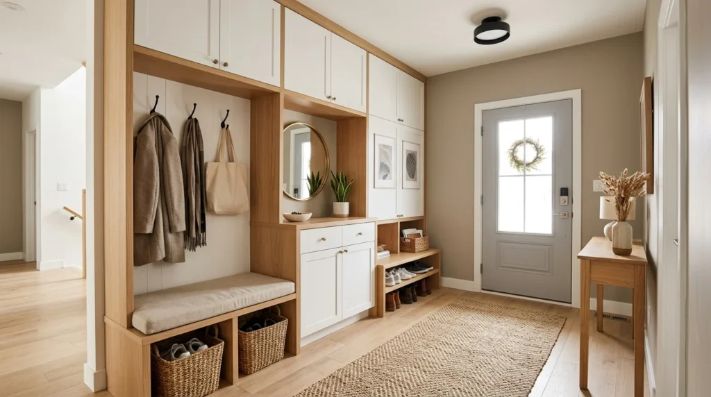 Small entryway with built-in storage cabinets and modern neutral decor