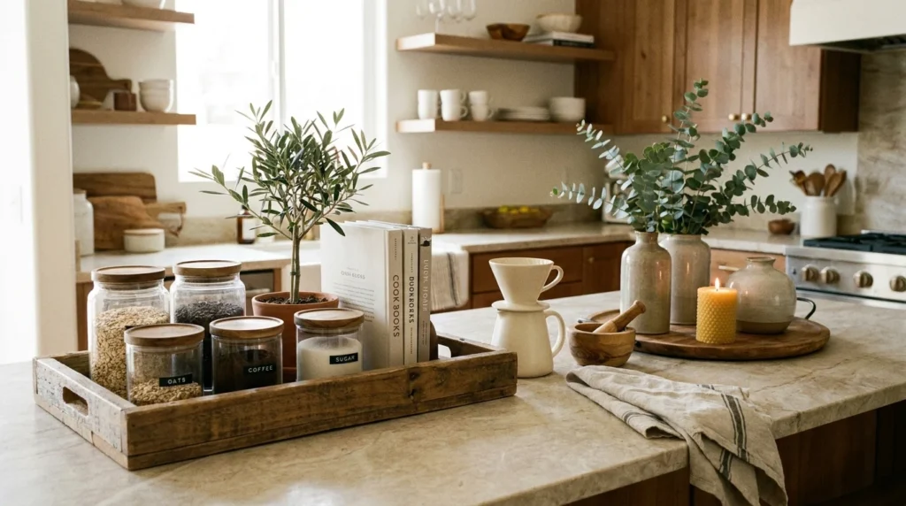 Aesthetic kitchen counter styling with wooden trays and greenery