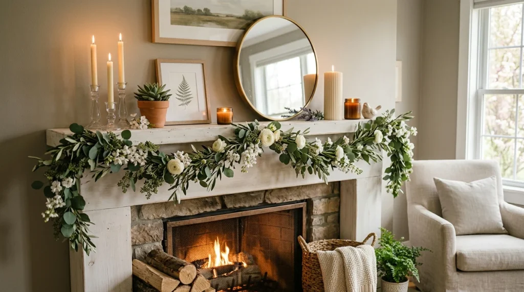 spring mantel decor candles greenery minimal cozy fireplace aesthetic