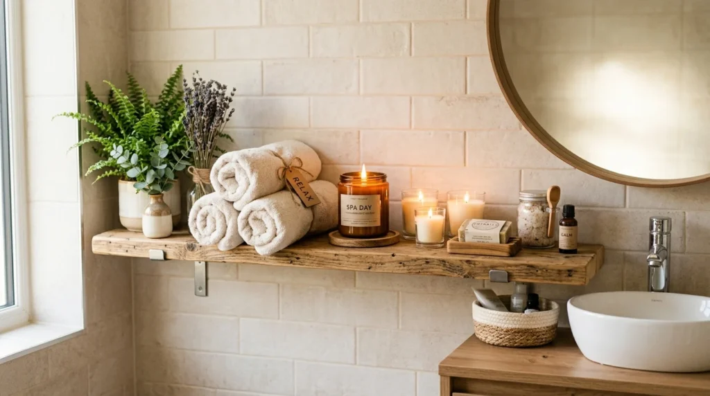 Bathroom shelf decor with candles, towels, and greenery accents