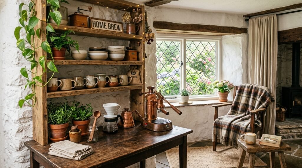 Earthy cottage coffee corner with wooden shelves and ceramic mugs