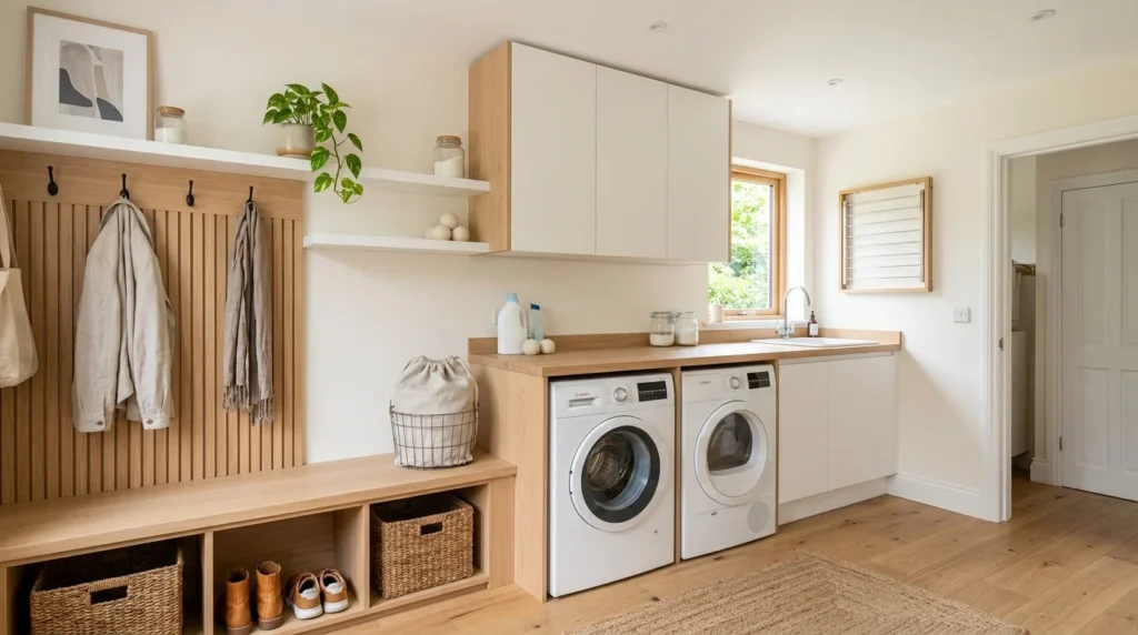 scandinavian mudroom laundry combo light wood white tones minimal design
