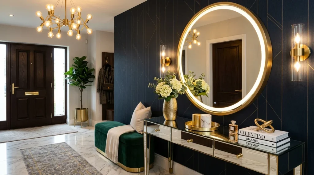 Modern glam entryway with circular LED mirror and gold decor accents
