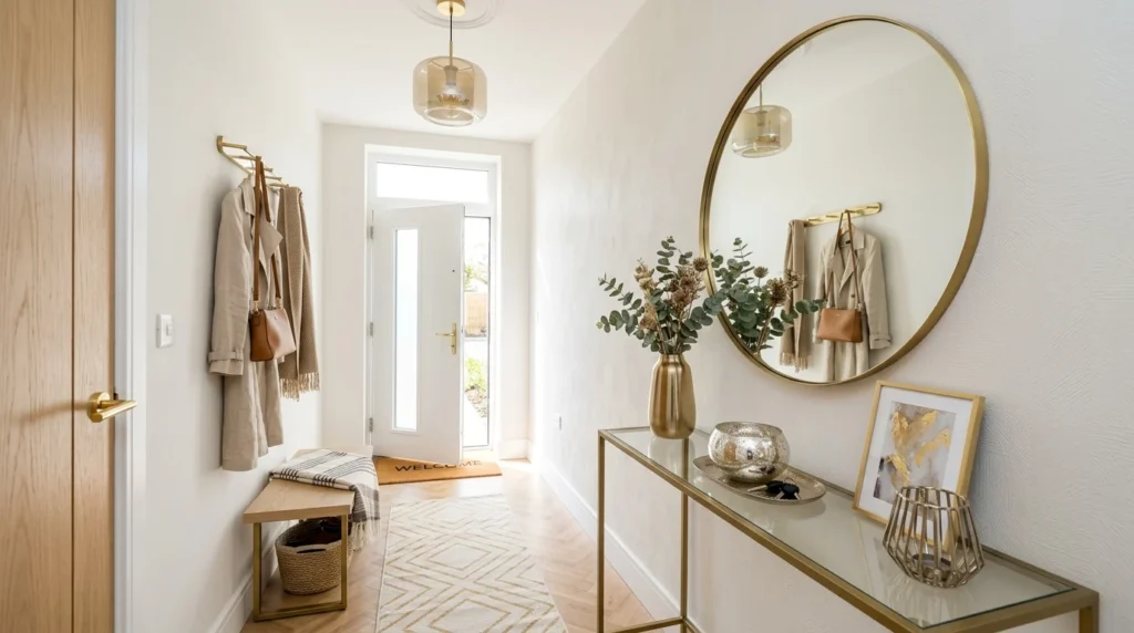 Modern small entryway with reflective decor and metallic accents
