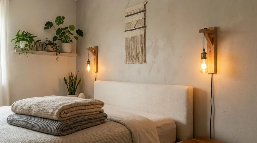 DIY wall sconces with warm lighting and cozy bedroom decor