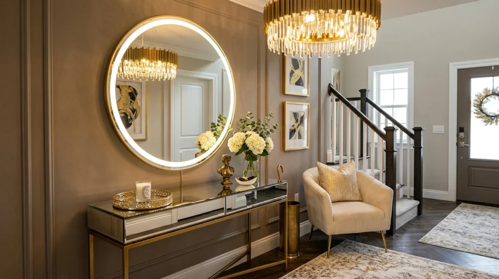 Cozy apartment entryway with circular LED mirror and compact console decor