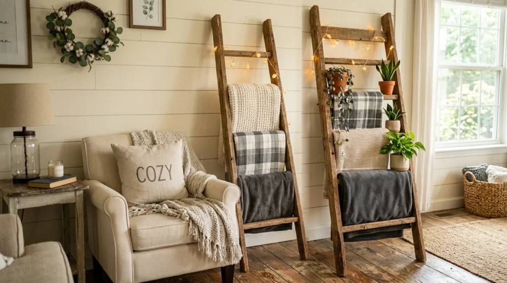 Rustic wooden ladder decor with blankets and farmhouse styling