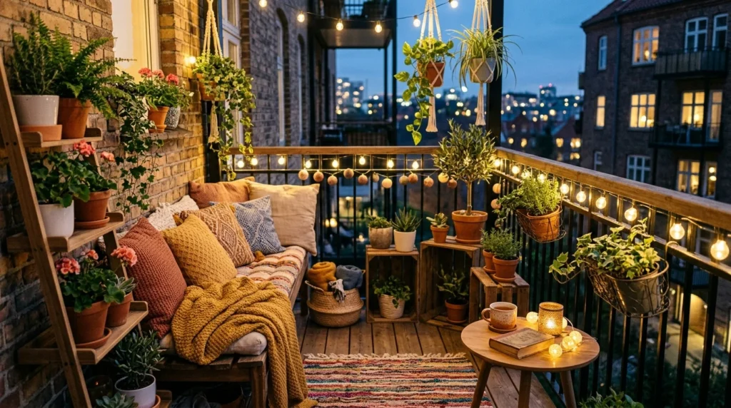 Cozy balcony decor with fairy lights, plants, cushions, and warm outdoor styling