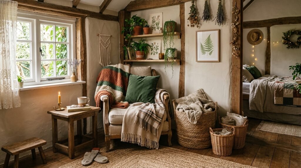 Earthy cottage bedroom corner with woven baskets and warm cozy decor