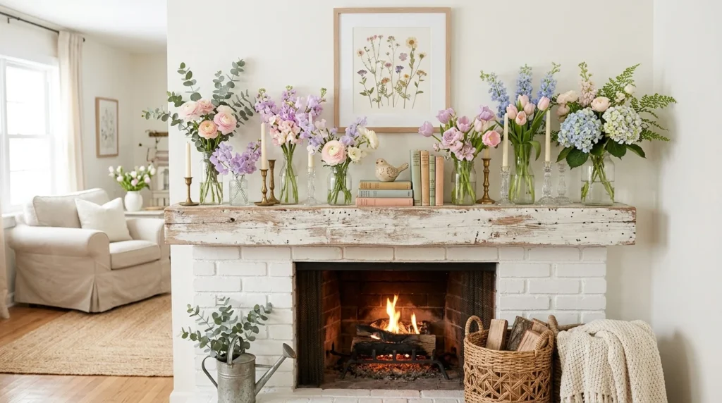 fresh flower spring mantel decor pastel blooms cozy fireplace styling