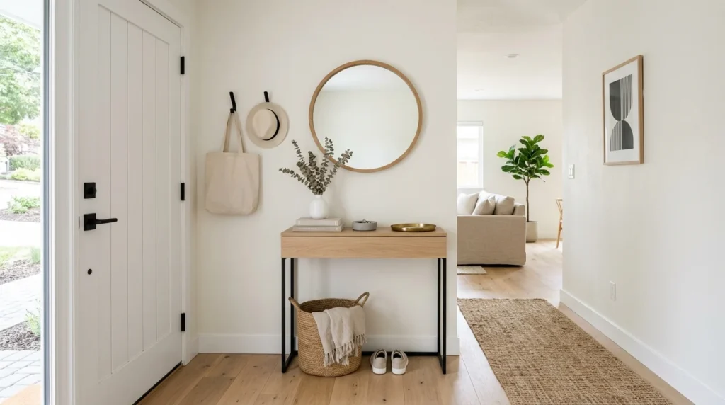 Open small entryway with slim furniture and airy minimalist decor