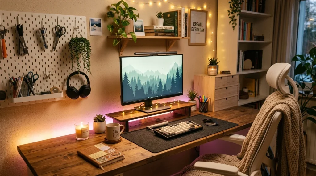 Aesthetic desk setup with LED lighting and cozy workspace decor