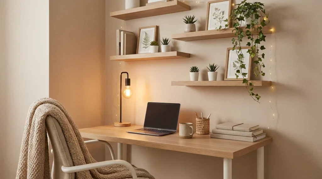 Aesthetic desk setup with plants, shelves, and warm neutral decor