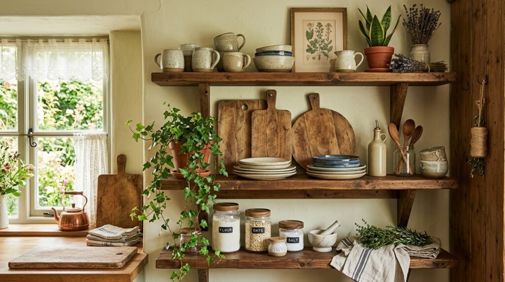 Earthy cottage kitchen shelves with ceramics, greenery, and wooden decor
