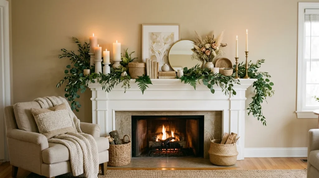 neutral beige spring mantel decor greenery candles elegant cozy aesthetic