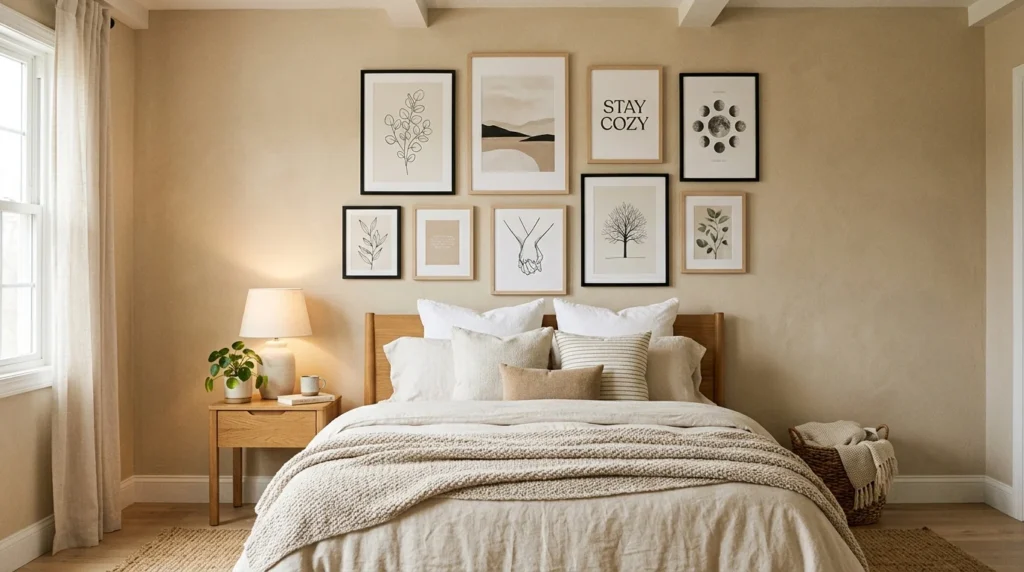 Modern gallery wall with neutral art prints and cozy bedroom styling